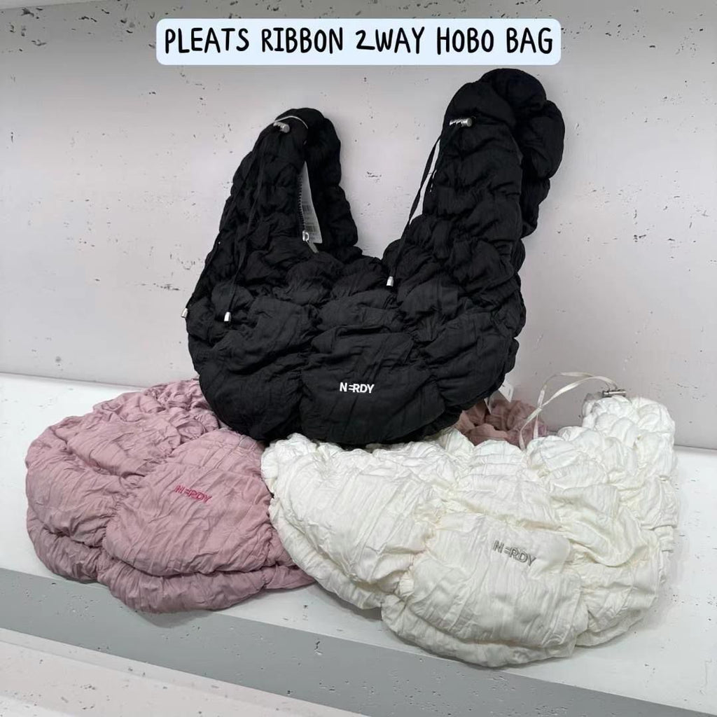 售完即止🌸韓國代購🇰🇷💜NERDY💜 PLEATS RIBBON 2WAY HOBO BAG | 預訂約2-3星期 娉婷貿易公司 Exquisite Beauty Trading Company