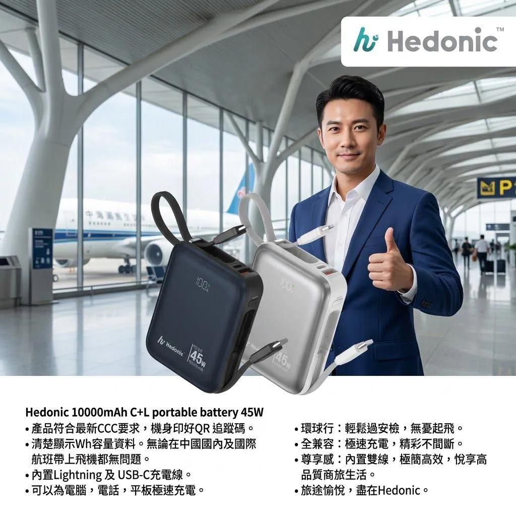 【24小時網站自助下單】🌸🌟級品牌Hedonic PD 3.0 45W快充 10000mah流動充電池 (附嵌入式充電線) | 預訂約3-4星期 娉婷貿易公司 Exquisite Beauty Trading Company