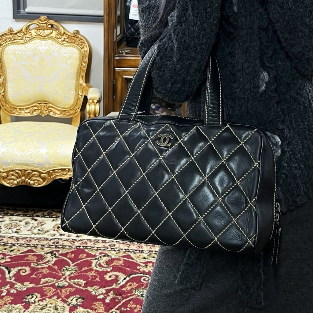 【24小時網站自助下單】🌸日本中古品代購 CHANEL 香奈兒黑色牛皮外縫線波士頓手提包大號托特包 做舊五金 有標無卡6開 | 預訂約2-3星期 娉婷貿易公司 Exquisite Beauty Trading Company