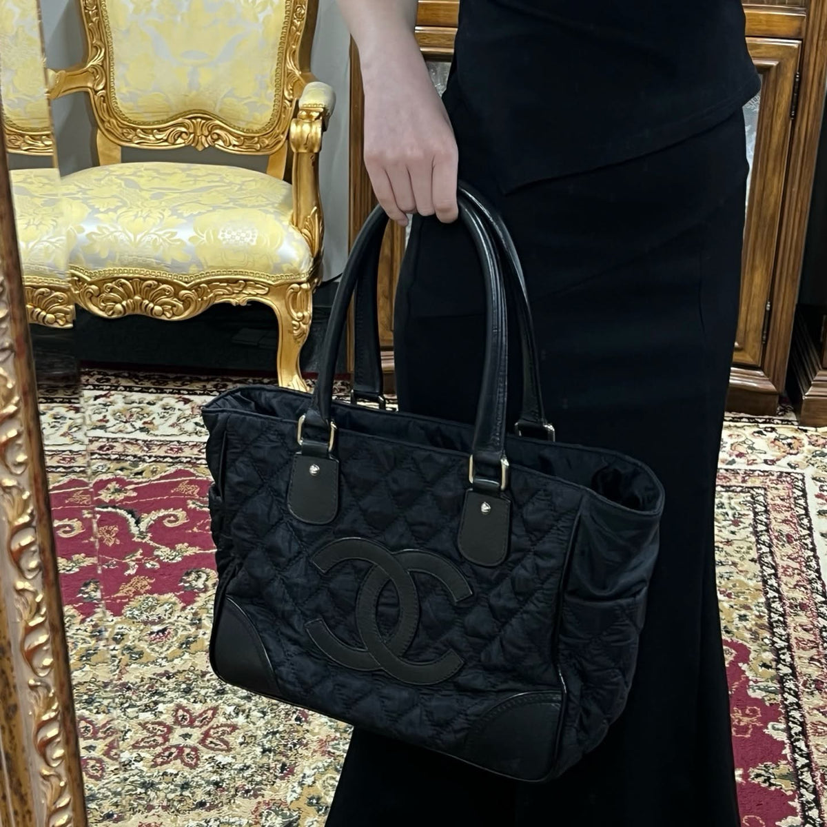 【24小時網站自助下單】🌸日本中古品代購 CHANEL 香奈兒黑色雙C大logo菱格紋尼龍拼皮托特包 有標無卡10開 | 預訂約2-3星期 娉婷貿易公司 Exquisite Beauty Trading Company