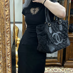 【24小時網站自助下單】🌸日本中古品代購 CHANEL 香奈兒黑色雙C大logo菱格紋尼龍拼皮托特包 有標無卡10開 | 預訂約2-3星期 娉婷貿易公司 Exquisite Beauty Trading Company