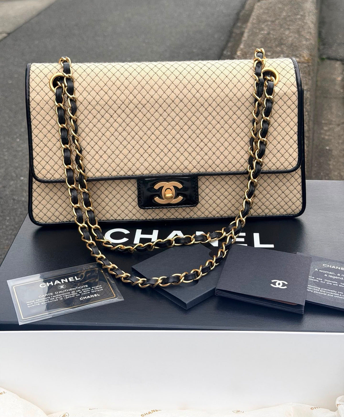 【24小時網站自助下單】【日本中古品代購】🌸CHANEL帆船航海系列米金x黑格紋CF海軍包 | 預訂約2-3星期 娉婷貿易公司 Exquisite Beauty Trading Company