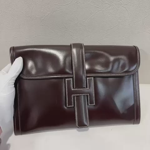 💫日本中古品代購 🌸エルメス JIGE ダークブラウン ボックスカーフ クラッチバッグ | 予約約2-3週間