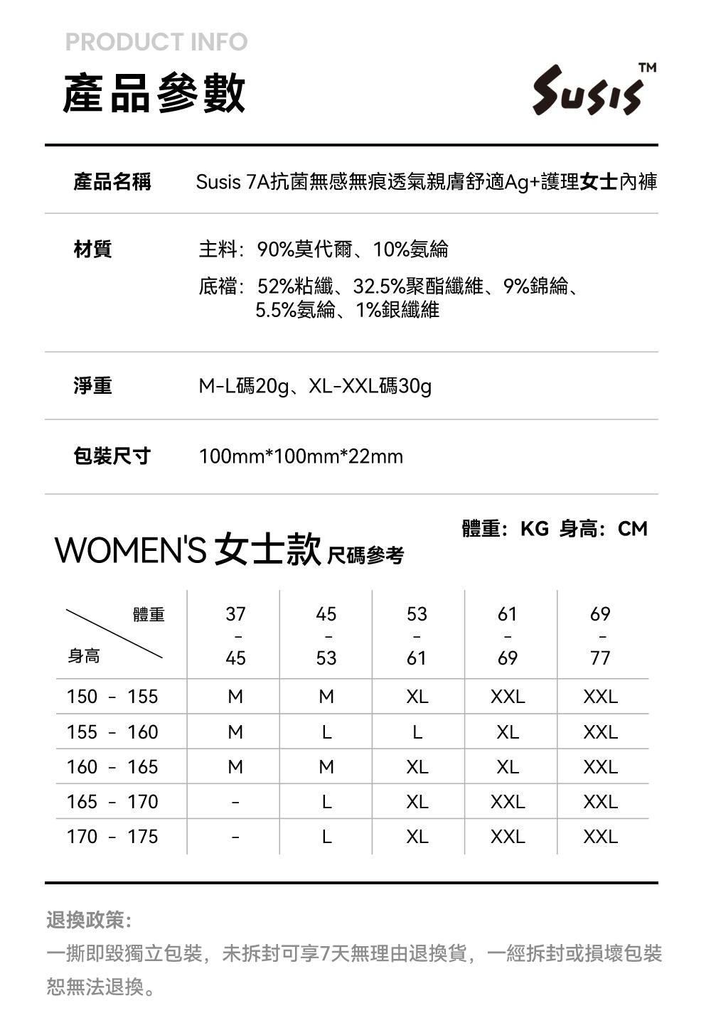 🌸Susis 7A抗菌無感無痕透氣親膚舒適Ag+護理女士/男士內褲 | 預訂約1-2星期

（自行備註顏色及尺寸） 娉婷貿易公司 Exquisite Beauty Trading Company